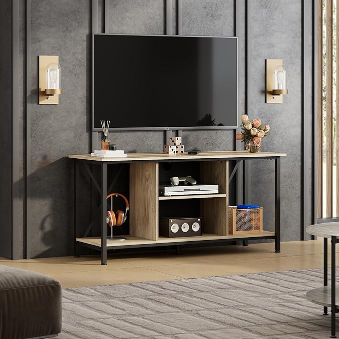 WLIVE Industrial TV Stand for up to 45 inch TV, Heavy-Duty Metal Frame Entertainment Center, Compact Media Console with Adjustable Shelf & Cable Management for Small Spaces, Living Room, Greige