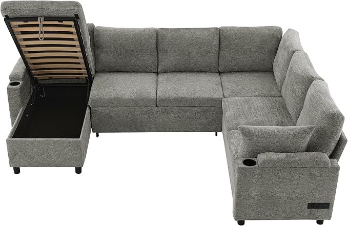 ERYE U Shaped Pull Out Sleeper Sectional Sofa Bed Modern Corner Convertible Sleeper Couch with Left Facing Storage Chaise, Cupholders, Charging Ports and Armrests Storage