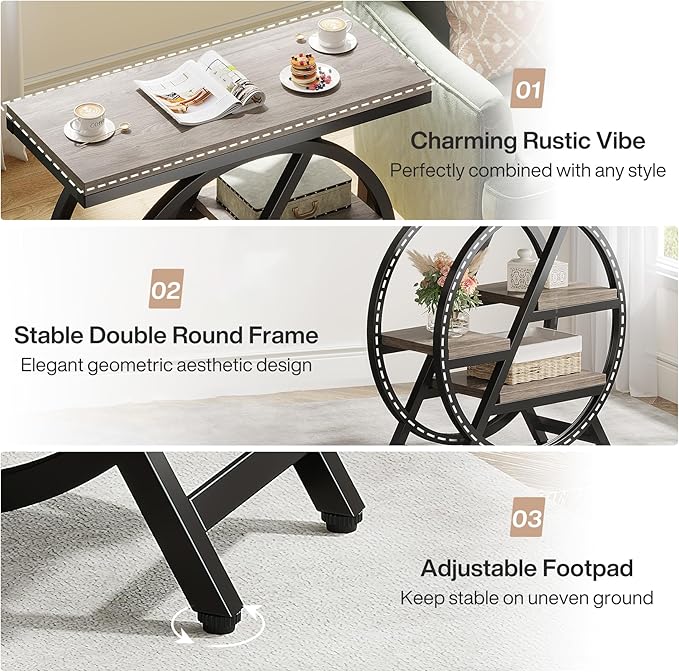 LITTLE TREE End Table, Narrow Side Table with 4-Tier Large Storage Space, Modern Bedside Table for Living Room, Home Office, Bedroom, Set of 2, Grey