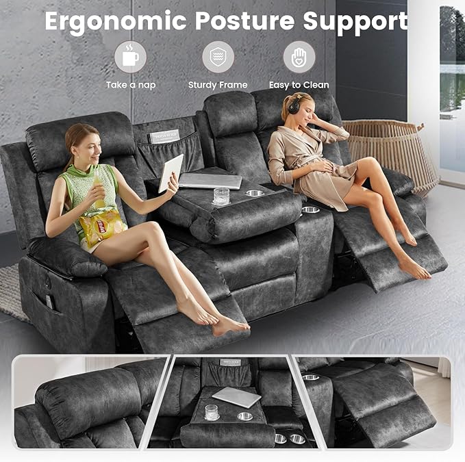 Electric Power Reclining Sofa, 3-Seater Sofa with Flip-Top Console, Massage & Heat, Recliner Couch with Storage, USB Ports, and Cup Holders - Perfect for Living Room Comfort (Gray)