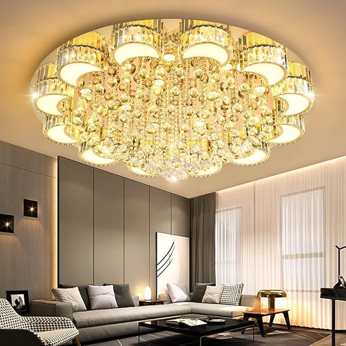 47'' Gold Modern Crystal Chandeliers for Dining Room LED Dimmable Light Fixtures Flush Mount Light Living Room Bedrooms