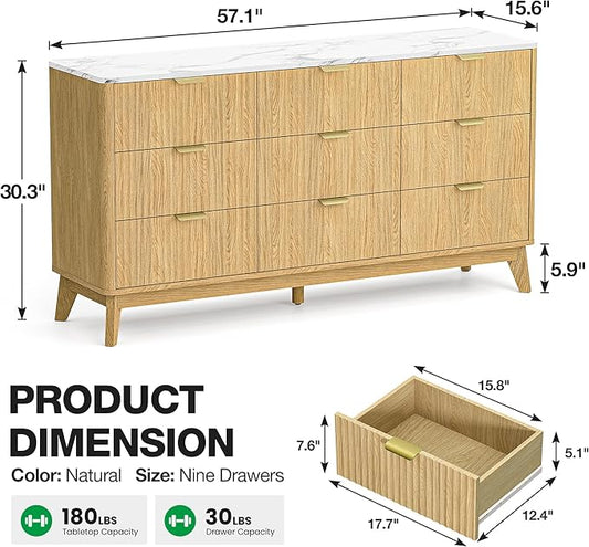 Fluted 9 Drawer Dresser, 57" Wide Chest of Drawers with Faux Marble Top,Modern Dresser TV Stand, Wood Closet Clothes Storage Organizer with Curved Edges for Bedroom, Living Room, Natural