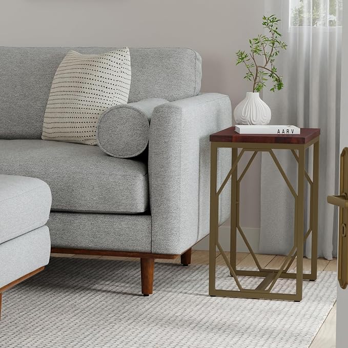 SIMPLIHOME Selma Contemporary 20 Inch Wide Metal and Wood Accent Side Table in Cognac, For the Living Room and Bedroom