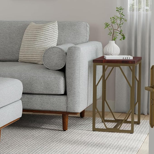 SIMPLIHOME Selma Contemporary 20 Inch Wide Metal and Wood Accent Side Table in Cognac, For the Living Room and Bedroom