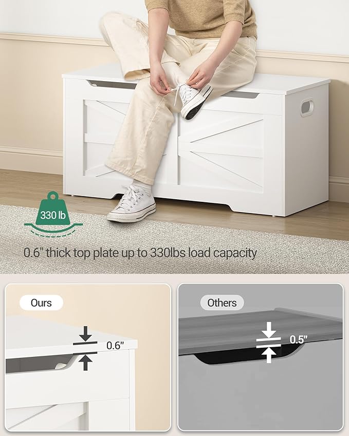 39.4" Storage Chest, Extra Large Storage Trunk with 2 Hinges, Wooden Box Bench, Lift-Top Organizer Chest, Shoe Bench for Entryway, Bedroom, Living Room, White SB03403X