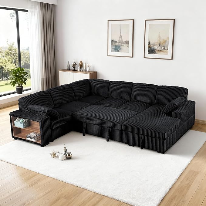 ERYE Oversized U-Shaped Pull Out Sleeper Couch Bed, Modern U Shaped Sleeper Sectional Sofa Corduroy Corner Convertible Sofa Bed with Storage Chaise Lounge and Cabinet
