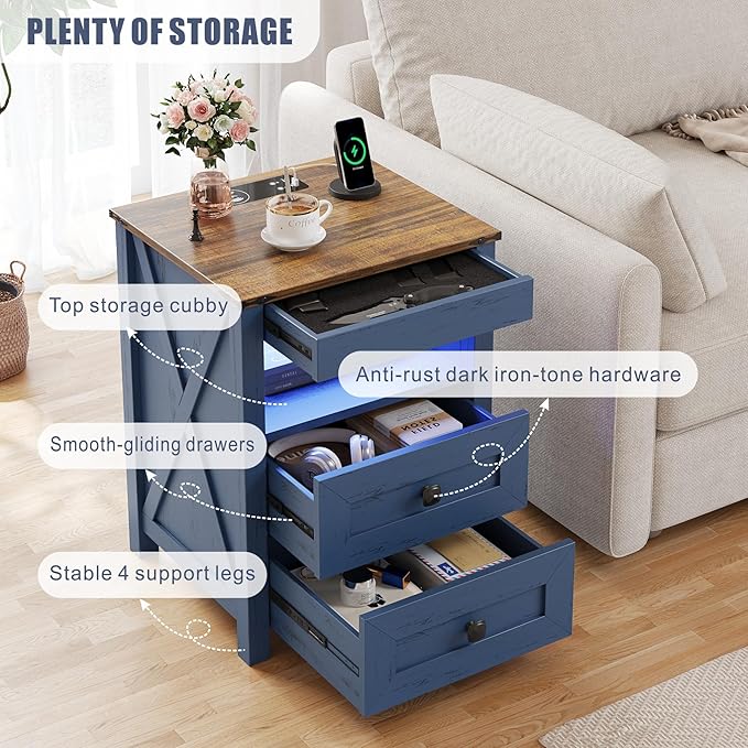 Night Stand Set 2 with Gun Drawer, Farmhouse Bedside Table with Charging Station, Gun Nightstand with LED Light & Human Sensor, Smart End Table for Bedroom, Blue