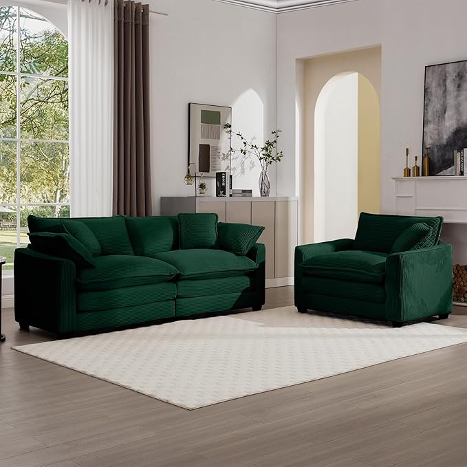 KEIKI 2-Piece Sofa Set with 1 Oversized Corduroy Loveseat Sofa & 1 Single Sofa, Upholstered 3-Seater Couch Set with 5 Pillow, High-Density Foam Cushions, Removable Armrests, for Living Room, Green