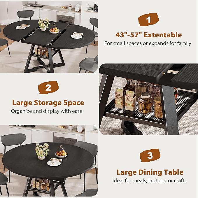 Round Dining Table Kitchen Dining Room Dinner Table for 4-6, Space Saving Extendable Oval Circle Furniture with Pedestal Base and Storage Shelf for Kitchen Living Room (Black, for 4-6)
