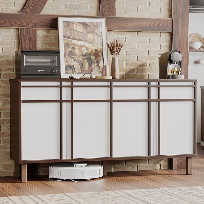 58" Sideboard Buffet Cabinet with Storage, 4 Doors and 3 Drawers, Adjustable Shelves, Wooden Mid Century Coffee Bar Cabinet for Kitchen, Living Room, Entryway, Walnut/White