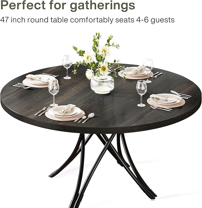Tribesigns 47" Round Dining Table for 4-6, Modern Kitchen Table with Metal Cross Legs, Small Circle Dinner Table for Kitchen, Dining Room, Small Space, Space Saving (Black)