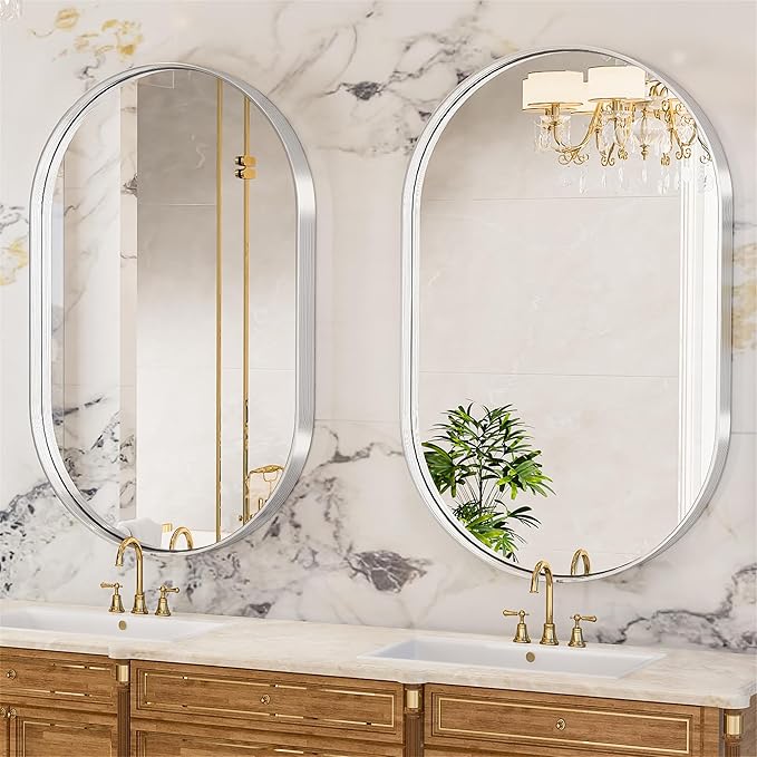 Suidia 26" x 38" Bathroom Mirror, Bathroom Vanity Mirror Metal Framed, Wall-Mounted Mirrors for Bedroom, Living Room, Entryway, Hallway, Silver, Oval Style