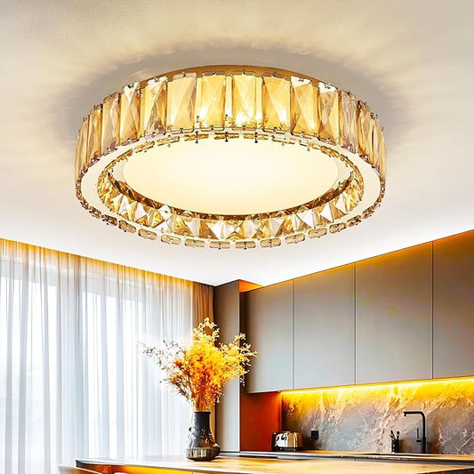 Amber Crystal Dimmable Flush Mount Ceiling Light, Gold Modern LED Close to Ceiling Light Fixture with 5CCT 2700K-6000K, Round Kitchen Lighting for Bedroom,Laundry Room, Hallway, Living room (15in 36W)