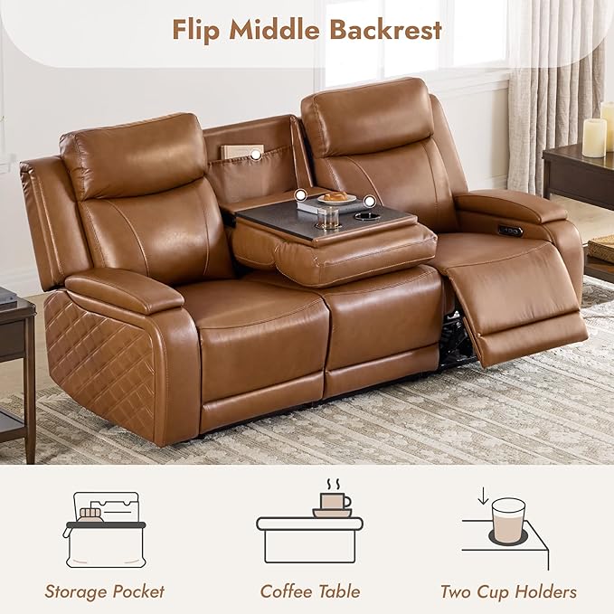 Watson & Whitely Genuine Leather Power Recliner Sofa and Loveseat Set, Zero Gravity Reclining Couch with Storage Console, Power Headrest & Wireless Charging, Cup Holders for Living Room, Saddle Brown