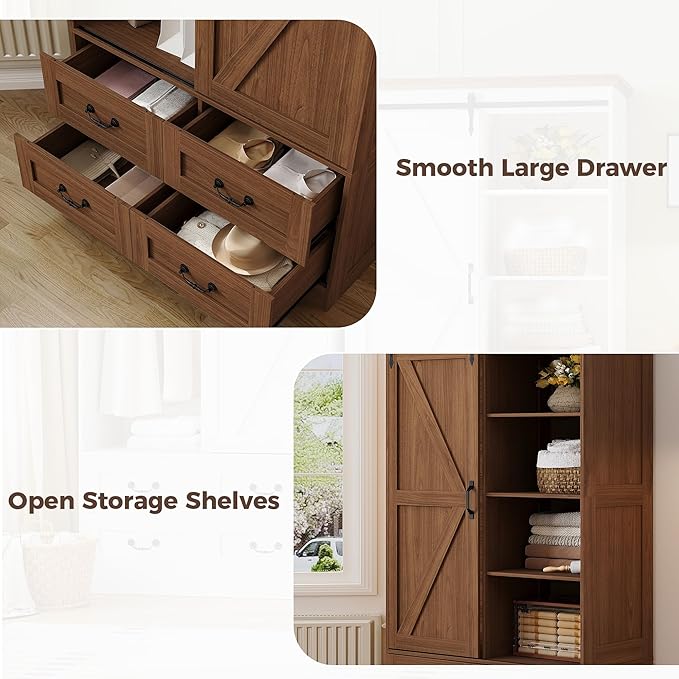 IRONCK Armoire Wardrobe Closet with 4 Drawers,71" Wardrobe Cabinet with Sliding Barn Doors, Tall Clothing Storage Cabinet with Hanging Rod and Shelves for Bedroom,Walnut