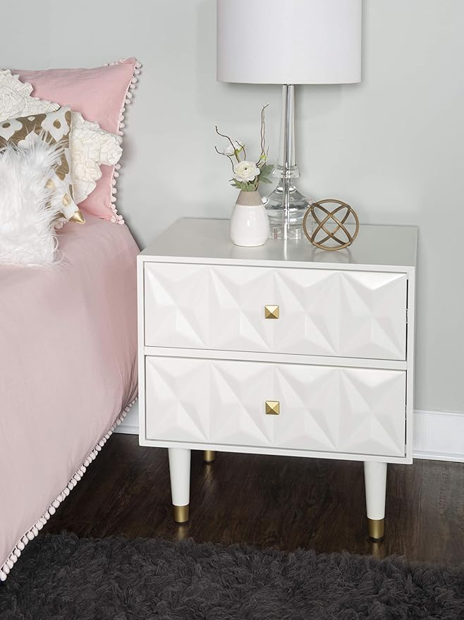 Linon Home Décor Sheerah Two Drawer Geo Texture White Nightstand, Gold