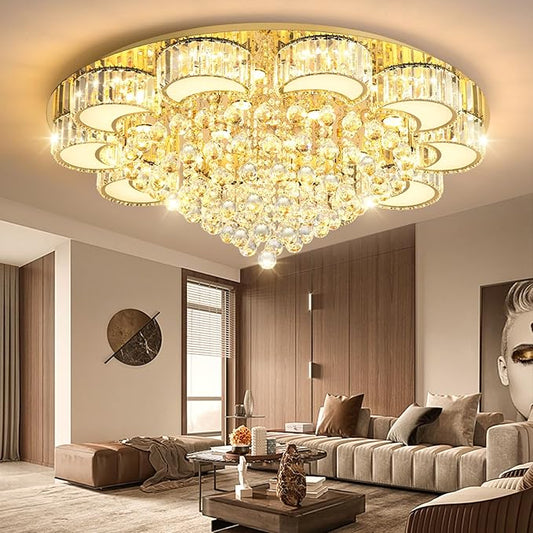 39.4'' Gold Modern Crystal Chandeliers for Dining Room LED Dimmable Light Fixtures Flush Mount Light Living Room Bedrooms