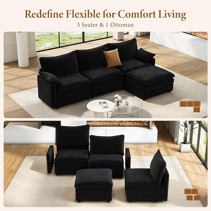 Vesgantti 108" Modular Sectional Sofa, Comfy Cloud Couch with Movable Ottoman Deep Seat Corduroy L Shaped Modular Sofa, Sectional Couches for Living Room, Bedroom and Apartment, Black | Sink-in Comfort, Height Adjustable, Easy Rearrangement, Extra-deep...