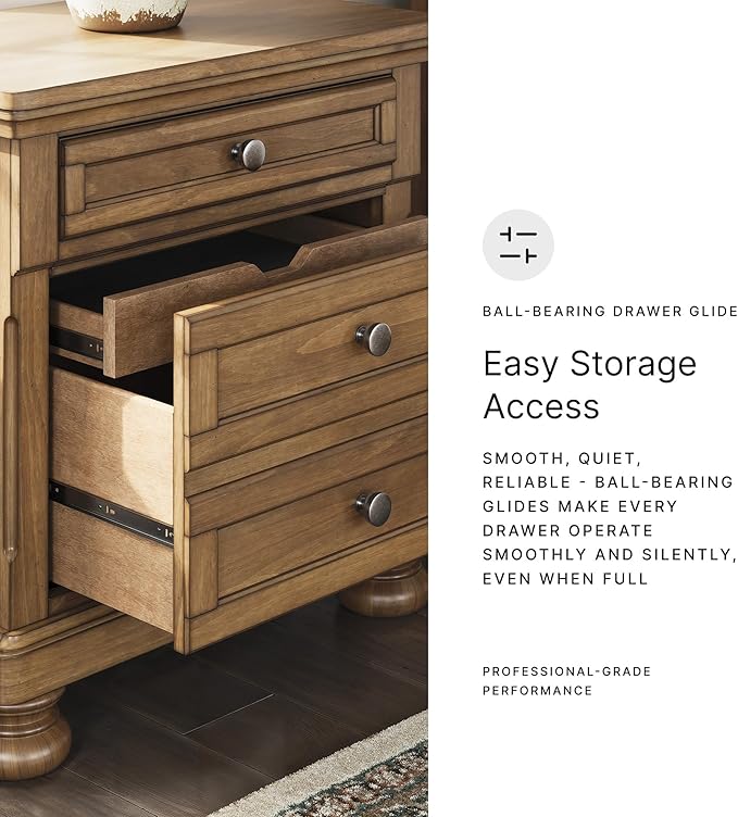 Signature Design by Ashley Glarrison Classic 3-Drawer Nightstand with Felt-Lined Top Drawer and Pull-Out Tray, Poplar Wood, Pine Veneer, Metal Knobs with Pewter-Tone Finish, 29.88" High, Light Brown