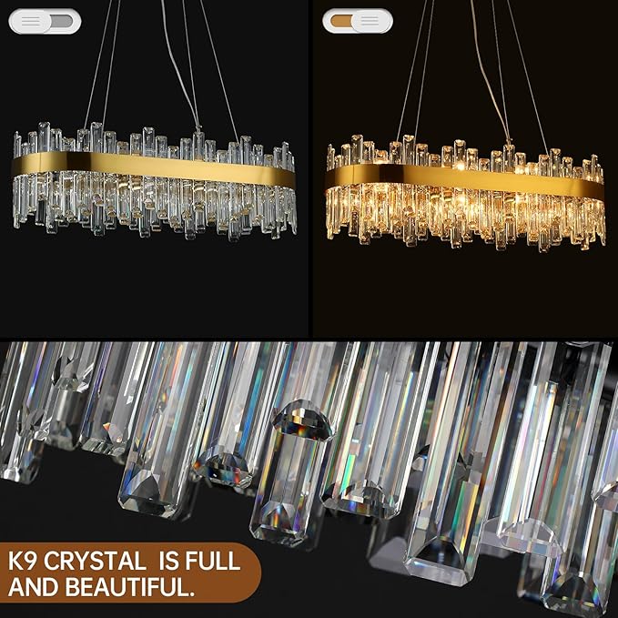 Gold Crystal Chandeliers for Dining Room Lights Fixtures Over Table, 16 Lights Modern Rectangle 2-Tier Chandeliers for Kitchen Island Bar L32 Inch