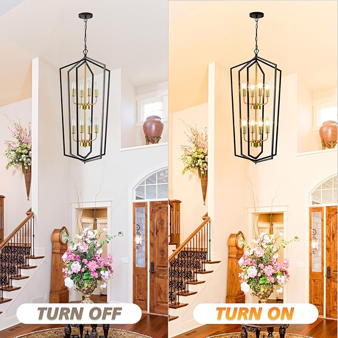 WJShome 8-Light Lantern Tiered Pendant Light Fixtures, Black and Gold Farmhouse Chandelier, Foyer Chandeliers for High Ceilings, for Dining Room, Living Room, Entryway, Staircase
