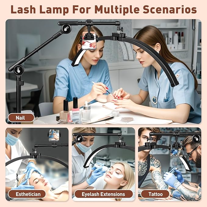 HITTI Half Moon Eyelash Esthetician Light - 2026 LED Lash Tech Lamp with 4-Wheel Rolling Base, 3 Color Modes, Dimmable Brightness & Phone Holder for Extension, Tattoo Artists, Beauty, SPA -Black