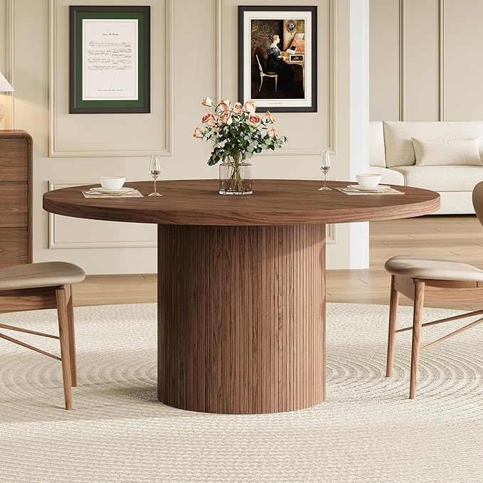 Round Kitchen Dining Table for 4-6 People, 47 inch Mid-Century Circle Dinner Tables, Rustic Wood Base in Fluted Design, Space Saving Dining Room Furniture, Large Table Only for Family Party, Walnut