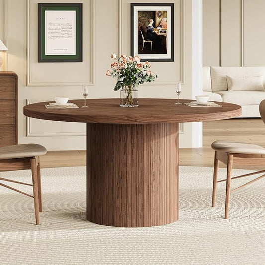 Round Kitchen Dining Table for 4-6 People, 47 inch Mid-Century Circle Dinner Tables, Rustic Wood Base in Fluted Design, Space Saving Dining Room Furniture, Large Table Only for Family Party, Walnut
