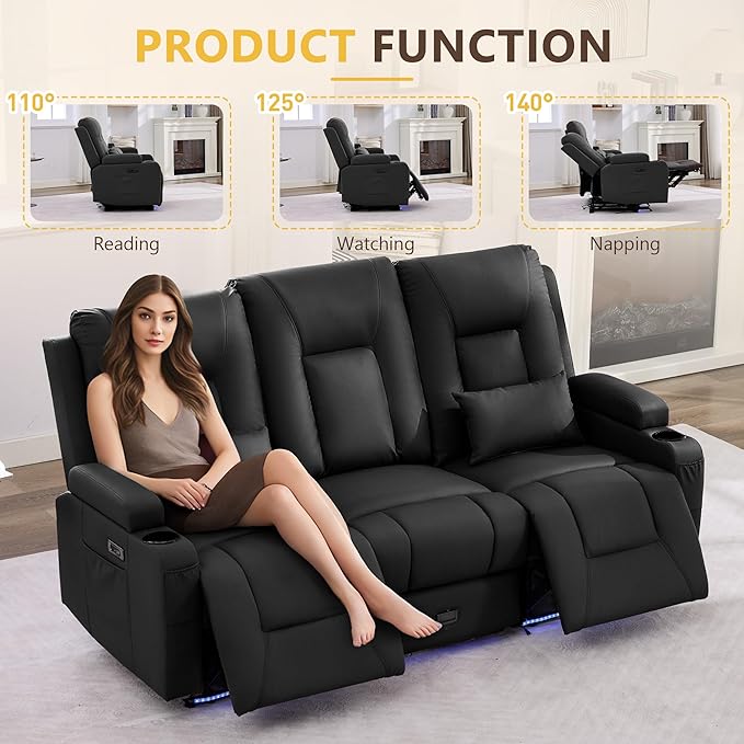 URRED Power Loveseat Recliner Sofa with Console, Wall Hugger Reclining Loveseat RV Couch with LED Light, 150° Zero Gravity Recliners Modular Couches for Living Room (Black, 77.3'' - 3 Seats)
