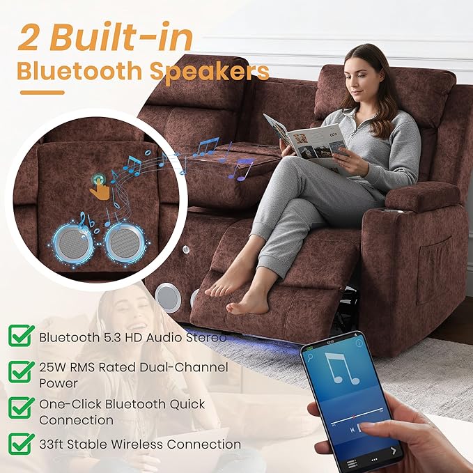 Power Reclining Loveseat with Flip Backrest, Power Loveseat Recliner Sofa with LED Lights, Bluetooth Speaker, 3-Seater Recliner Sofa with Arm/Seat Storage (Brown, Loveseat with Console)