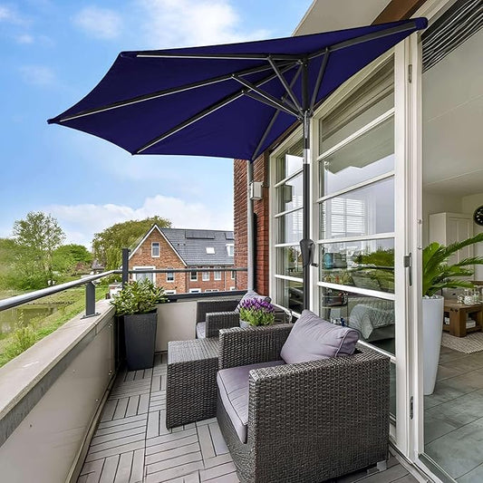 9FT Half Umbrellas Outdoor - Half Patio Umbrella with Tilt, UV Protection Waterprool, Half Round Umbrella for Wall Balcony, Pool, Porch, Garden, Deck, Backyard (Navy Blue)