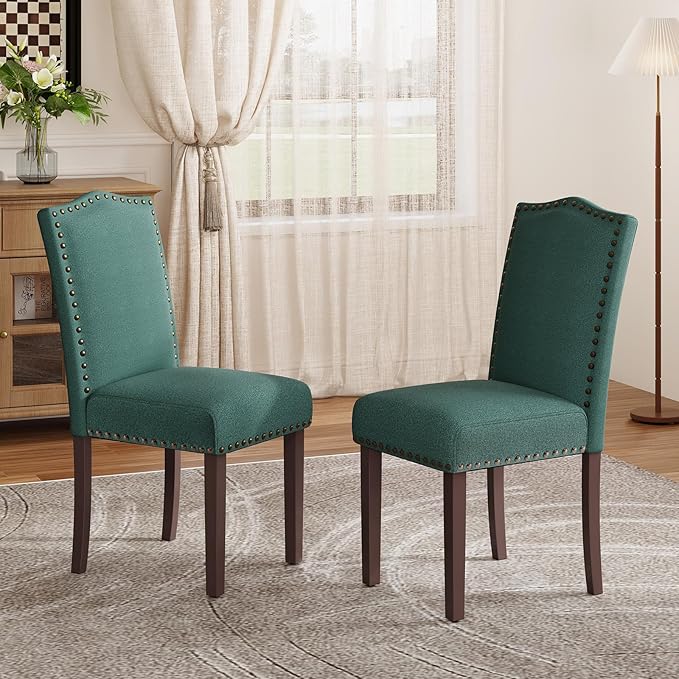 Dining Chairs Set of 4, Soft Comfortable Upholstered Parsons Dining Chairs with High-Density Cushion & Solid Wood Legs, Elegant Nailhead Trim for Dining Room, Kitchen, Living Room – Green