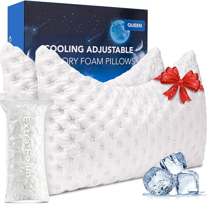 KUCEY Cooling Side Sleeper Pillow for Neck and Shoulder Pain, Luxury Shredded Memory Foam Curved Bed Pillows for Sleeping Set of 2- Adjustable Queen Size- Washable Cover Crescent White