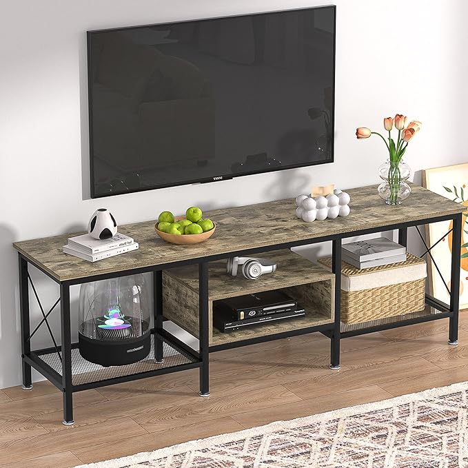 VECELO Industrial TV Stand for 70 Inch Television Cabinet 3-Tier Console with Open Storage Shelves, Entertainment Center Metal Frame for Living Room, Bedroom, 63 Inch, Grey