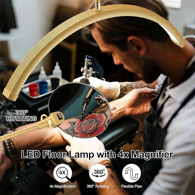AURELLE Half Moon Lash Light - Adjustable LED Floor Lash Lamp with 4X Magnifier & Phone Holder for Eyelash Extensions,Nail Art,Tattoo,Skincare,Salon SPA-Dimmable Brightness,Rotating Head, Gold