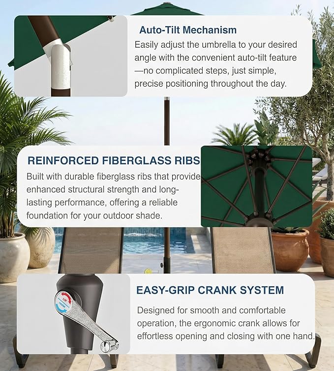 PatioKingdom Auto-Tilt 9FT Patio Umbrella Outdoor with 8 Sturdy Fiberglass Ribs,Market Table Umbrella for Pool,Backyard,Deck and Garden