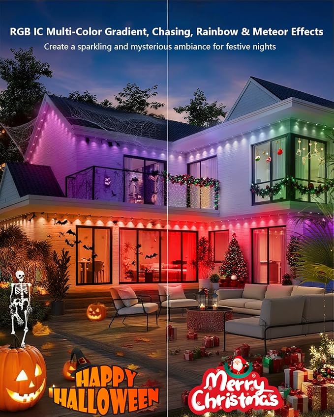 Permanent Outdoor Lights Pro,200ft RGB+IC Smart Outdoor Decor,App/Remote,Christmas,Halloween,Multi Scene Modes,IP67 Waterproof,Eaves Light with Daily & Holiday Party Decor,House Roof Lighting