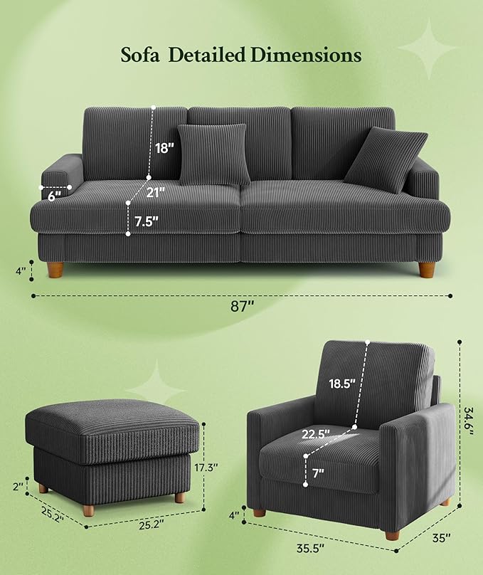 Welzona 87.2" Couches for Living Room, Comfy Sofa Set Tool-Free Setup, Corduroy Couch Set 7.5" Thicker Cushion, Accent Chair with Ottoman 848lbs Support, Sofas for Living Room Home Office, Grey