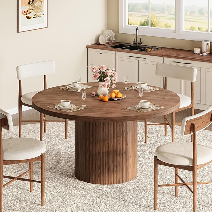 Round Kitchen Dining Table for 4-6 People, 47 inch Mid-Century Circle Dinner Tables, Rustic Wood Base in Fluted Design, Space Saving Dining Room Furniture, Large Table Only for Family Party, Walnut