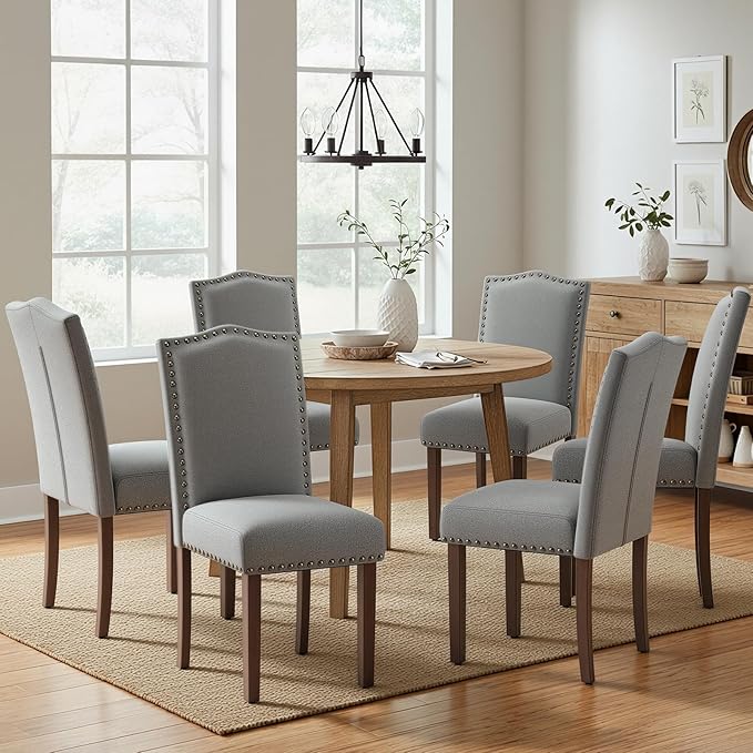 COLAMY Grey Upholstered Parsons Dining Chairs Set of 6,Comfortable Foam Seat, Classic Nailhead Trim, Solid Wood Legs, Stable & Easy to Assemble for Dining Room, Kitchen, Living Room & Café