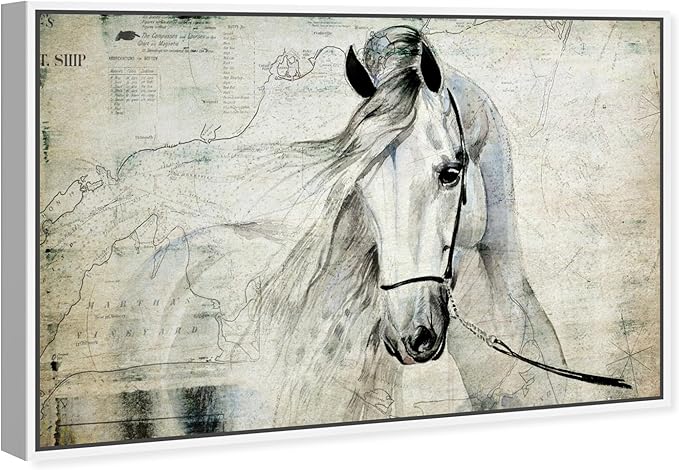 Country Farmhouse Canvas Print Painting Animal Wall Art 'Southern White Horse' White Framed Canvas Rustic Home Décor 24x16 in Gray, Brown by Oliver Gal