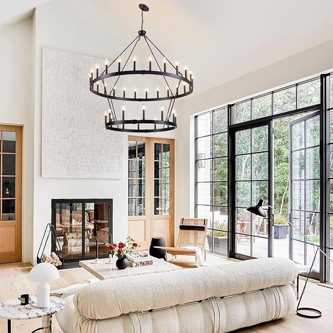 47'' Black Wagon Wheel Chandelier 2 Tier 36-Light Large Round Farmhouse Chandelier, Industrial Pendant Light Fixtures for High Ceilings Dining Living Room Entryway Foyer