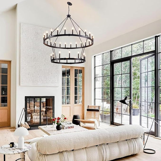 47'' Black Wagon Wheel Chandelier 2 Tier 36-Light Large Round Farmhouse Chandelier, Industrial Pendant Light Fixtures for High Ceilings Dining Living Room Entryway Foyer
