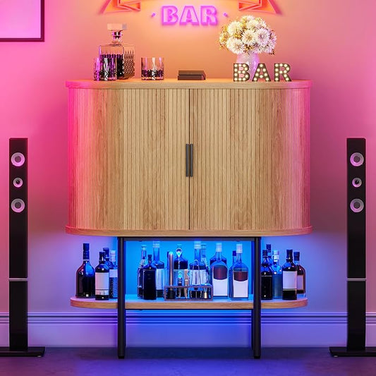DWVO Bar Cabinet with LED Lights, Oval-Shaped Wine Bar Table with 2 Glass Holders, 4 Wine Racks, Open Shelf, Fluted Coffee Bar Liquor Cabinet for Home, Kitchen, Living Room, Natural Oak