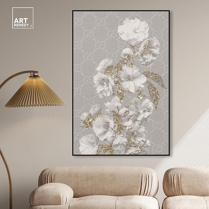 Art Remedy Floral in Classic Fashion Canvas Delicate Farmhouse Wall Art, Black Frame, 36" x 54"
