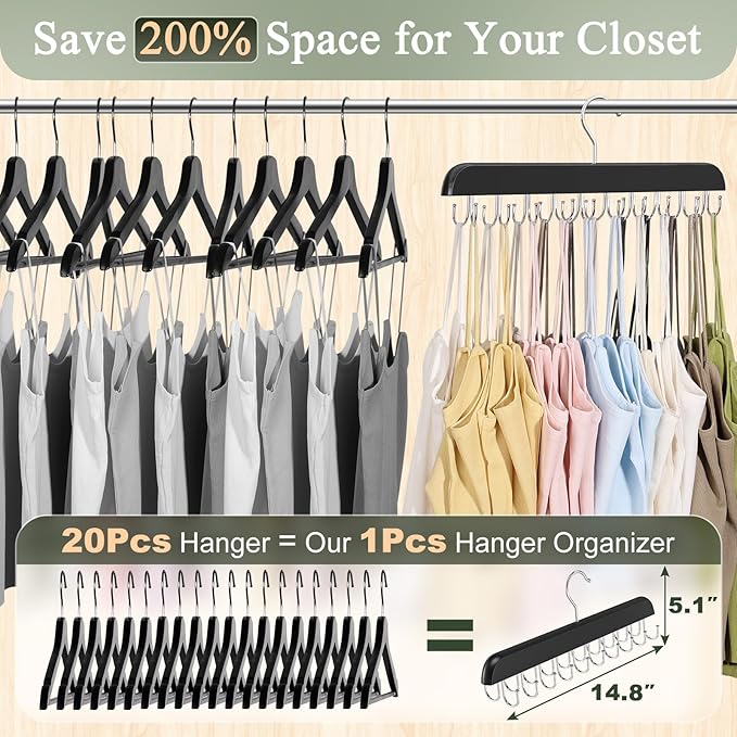 2 Pack Bra Hangers for Closet Organizer, Round Rectangle Bra Organizer with 40 Stainless Steel Hooks, Wooden Tank Top Hanger, Closet Organizers and Storage for Bras Camis Belts Ties, Black Hanger