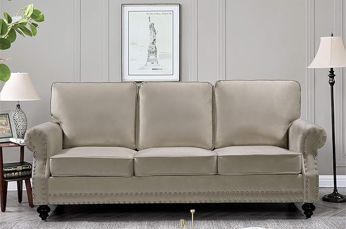 Container Furniture Direct Lotus Mid Century Modern Velvet Upholstered Living Room Rolled Arms, Sofa, Beige