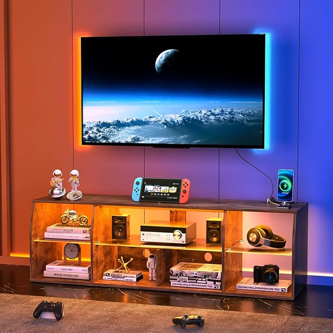 VECELO LED TV Stand for 55 inch, Entertainment Center with Power Outlets, Industrial Television Cabinet with 7 Open Storage Shelves, for Living Room and Bedroom, Retro Brown, 55inch