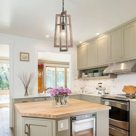 12.3'' Dining Room Light Fixtures Wood Pendant Light Adjustable Farmhouse Chandelier Semi Flush Mount Ceiling Light for Kitchen Island Dining Room Entryway Living Room Entrance Hall