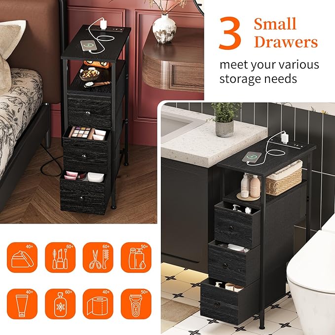 Fixwal Narrow Dresser with Charging Station, Tall Skinny Nightstand with 3 Fabric Drawers, Dorm Silm Bedside Table for Small Spaces Bathroom, Bedroom, Laundry (Charcoal Black)
